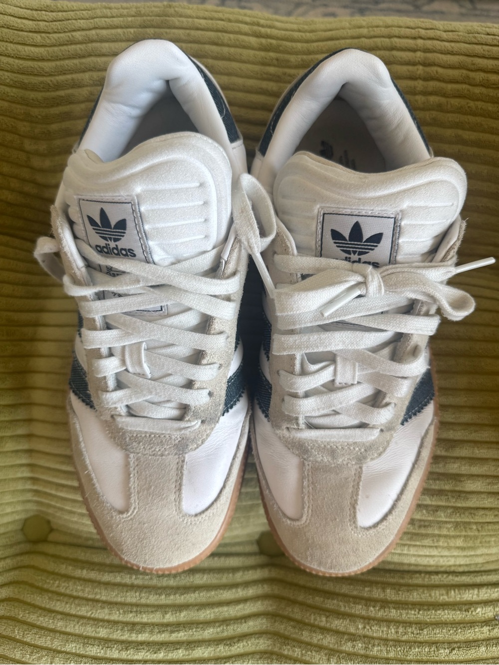 adidas Samba White Sneakers with Navy Stripes and Gum Sole - Picture 2 of 4